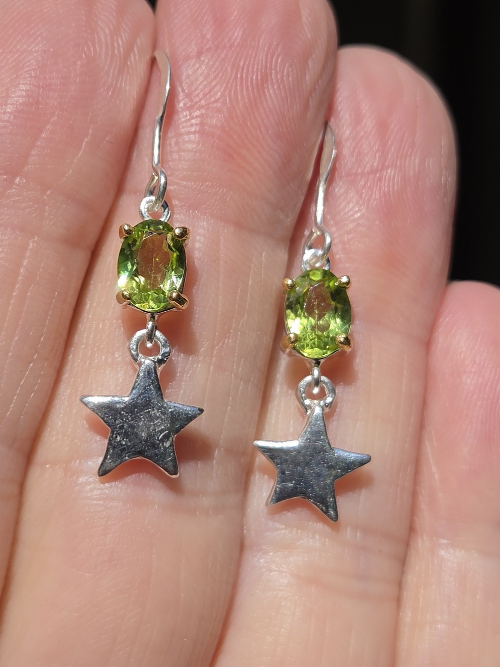 Sterling Star Drop Earrings with Green Peridot Stones